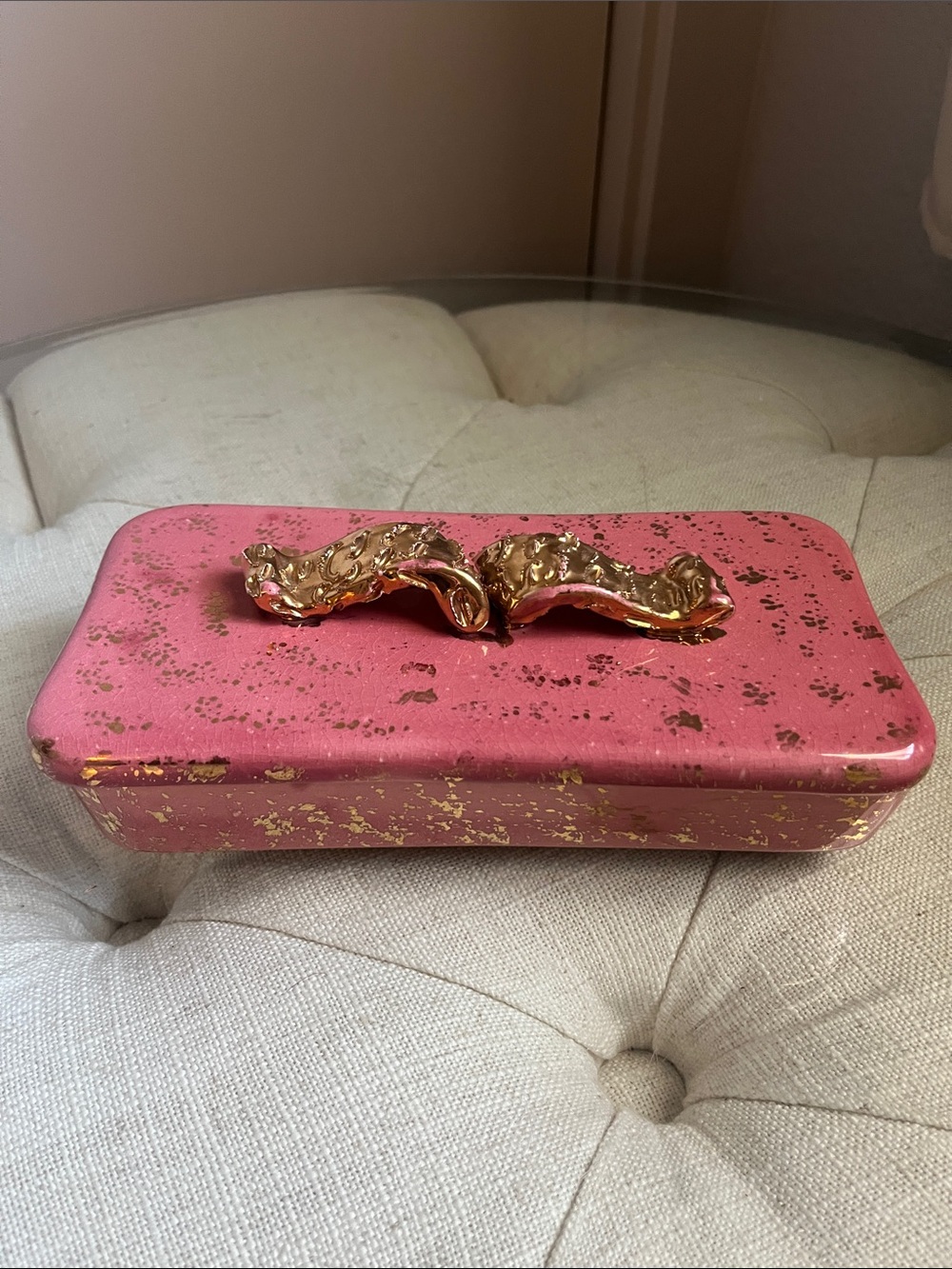 Vintage Hollywood Regency Pink Gold Metallic Handle Specs Jewelry Trinket Box